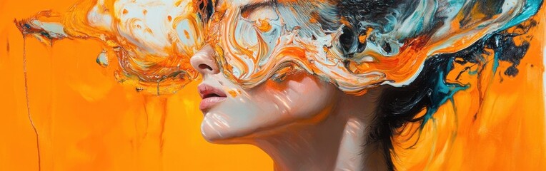 Leinwandbilder - Surreal representation of a model's face with vibrant colors intertwined in a dreamlike manner