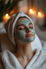 Wall Mural - A woman in a spa, receiving a relaxing facial massage with green clay mask. The atmosphere is serene and soothing.