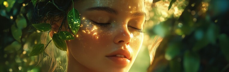 Poster - Serene portrait of a young woman surrounded by lush greenery capturing sunlight in a tranquil natural setting