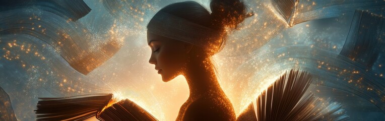 Aufkleber - Serene portrait of a glowing woman surrounded by floating books in a soft, ethereal setting