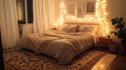 Aufkleber - Cozy serene bedroom with neutral bedding and warm string lights, creating a relaxing atmosphere for peaceful nights