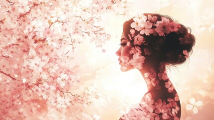 Poster - Silhouette of a woman against a backdrop of blooming cherry blossoms at sunset