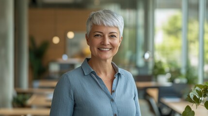 Aufkleber - Professional middle-aged woman with short hair smiling confidently in a modern office environment during the day