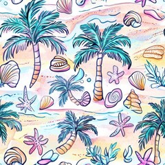 Poster - Playful watercolor doodles of tropical plants and seashells celebrating summer vibes