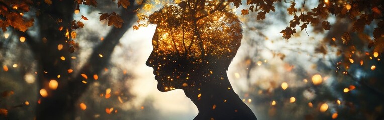 Poster - Silhouette of a man filled with autumn leaves and glowing lights in a forest setting at dusk