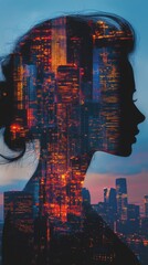 Poster - Mystical silhouette of a woman with a city skyline blending into her profile at dusk