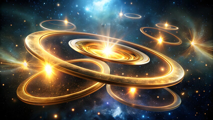 Wall Mural - Floating Golden Rings in Cosmic Void. Perfect for: Energy Healing Sessions, Spiritual Ceremonies, Sacred Geometry Exhibitions