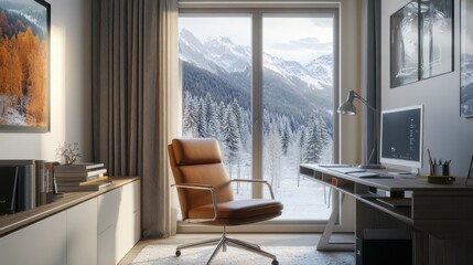Poster - Modern home office featuring textured leather chair with stunning mountain view during winter