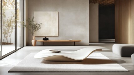Poster - Minimalist living room featuring a unique coffee table and natural light highlighting the space