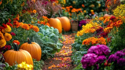 Aufkleber - Lush vegetable garden featuring vibrant pumpkins, cabbages, and colorful flowers in full bloom during sunny autumn day. Generative AI