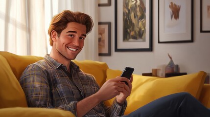 Poster - Happy man relaxing with phone on a cozy yellow couch in a bright living room filled with art