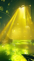 Poster - Luminous lime-green and yellow glow fills a mystical underground cavern with shimmering waters and enchanting light rays