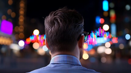 Poster - Businessman contemplating financial data in a vibrant city at night
