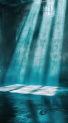 Poster - Cinematic teal light beams illuminate a dark space with tranquil water reflections during a serene moment