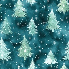 Poster - Calming watercolor doodle of pine trees and snowflakes creating a serene winter atmosphere