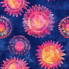Aufkleber - Bright and bold watercolor doodles of whimsical suns against a dark blue background