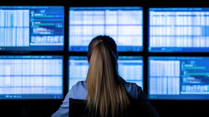 Poster - woman analyzing data on multiple monitors in a trading environment
