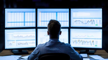 Poster - person analyzing data on multiple computer screens in dark room