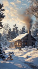 Aufkleber - Cozy log cabin in a winter landscape with smoke rising from the chimney during a serene sunset