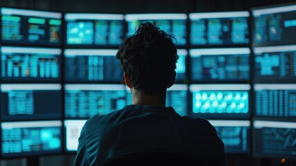 Poster - Male Analyst Observing Data Analytics on Multiple Computer Screens