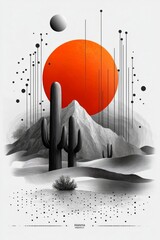 Poster - Abstract Desert Landscape with Giant Cacti Under a Setting Sun