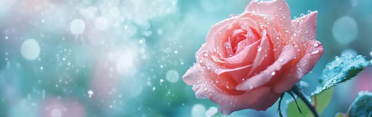 Poster - Delicate close-up of a pink rose adorned with droplets of water against a soft watercolor background