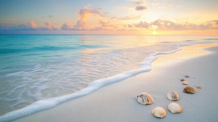Poster - Serene beach at dawn with gentle waves washing over smooth sand and scattered seashells