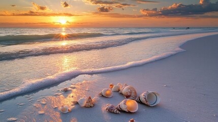 Poster - Serene beach at sunrise with shells lining the shore and gentle waves lapping the sandy coast