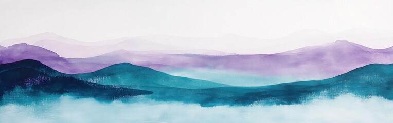 Poster - Minimalist pencil strokes create a serene wash of purple and teal mountains under a gentle sky at dawn