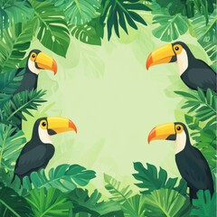 Poster - Tropical jungle illustration featuring toucans and lush greenery in a vibrant natural setting