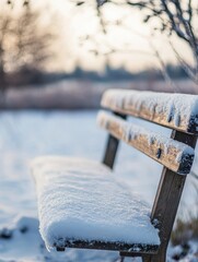 Fototapete - Snow-covered wooden bench inviting peaceful winter moments in a tranquil outdoor setting