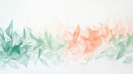 Poster - Delicate pencil drawing of leaves in soft green and orange hues on a clean white background