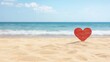 © Arfa_Media - Red wooden heart standing on sandy beach with sea and blue sky in background