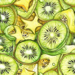 Poster - Intricate doodle-style cartoon drawings of various green fruit slices with starfruit accents and vibrant details