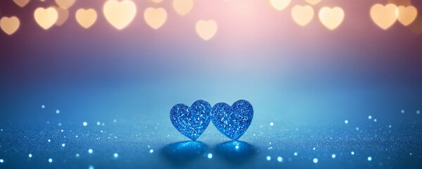 Blue hearts with lights on a blue sparkling glitter background. Holiday Abstract shiny backdrop for Valentine's Day or celebration event for banners, poster, card with copy space. Romantic and love.