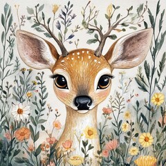 Wall Mural - Adorable Fawn Portrait Amidst Wildflowers and Twigs