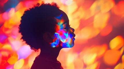 Poster - Vibrant and colorful visualization of a child glowing in playful light patterns during a creative indoor activity