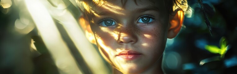 Poster - Vibrant close-up of a child's face illuminated by natural light in a lush outdoor setting