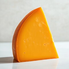Poster - Slice of cheddar cheese with vibrant color on a minimal surface showcasing its rich texture and appealing appearance