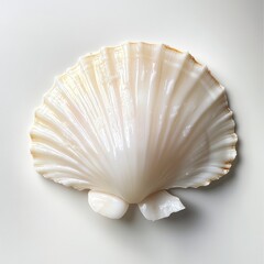 Poster - Unique translucent white scallop shell resting on a smooth surface highlighting its intricate patterns and natural beauty