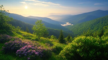 Poster - Serene spring morning in the mountains with blooming flowers and distant mist