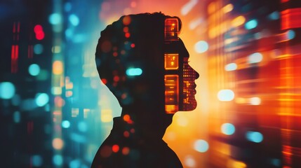 Aufkleber - Silhouette of a man glowing with digital light against a vibrant city backdrop at twilight