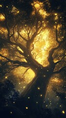 Poster - Mesmerizing silhouette of a glowing tree under a starlit sky in an enchanted forest