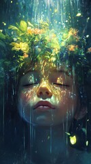 Poster - Child's serene face surrounded by blossoms and raindrops in a peaceful nature setting