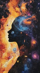 Poster - A glowing profile of a woman surrounded by cosmic colors, reflecting the beauty of the universe in a serene artwork