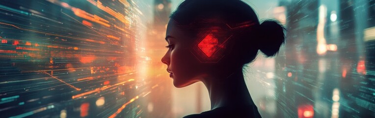 Poster - Portrait of a woman glowing with serenity, surrounded by radiant technology in an urban setting at dusk