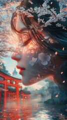 Aufkleber - Serene portrait of a woman's face adorned with cherry blossoms and a tranquil red torii gate backdrop