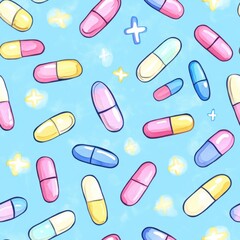 Poster - Vibrant watercolor doodle of colorful capsules on a bright blue background celebrating creativity and whimsy