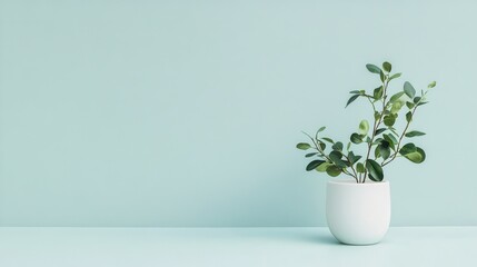 Aufkleber - Soft greenery in a white pot against a pale sky blue background creates a serene interior atmosphere for relaxation