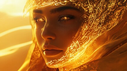 Aufkleber - Mystical visualization of a woman's face surrounded by golden light and intricate designs at sunset